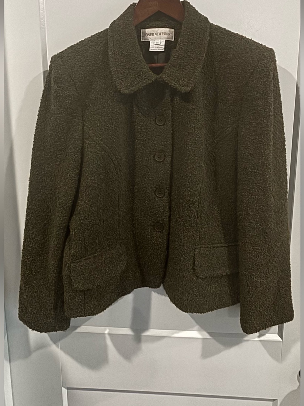 Jones New York Olive-Green Textured Tweed Boucle’ Wool Jacket Four Buttons SZ 14